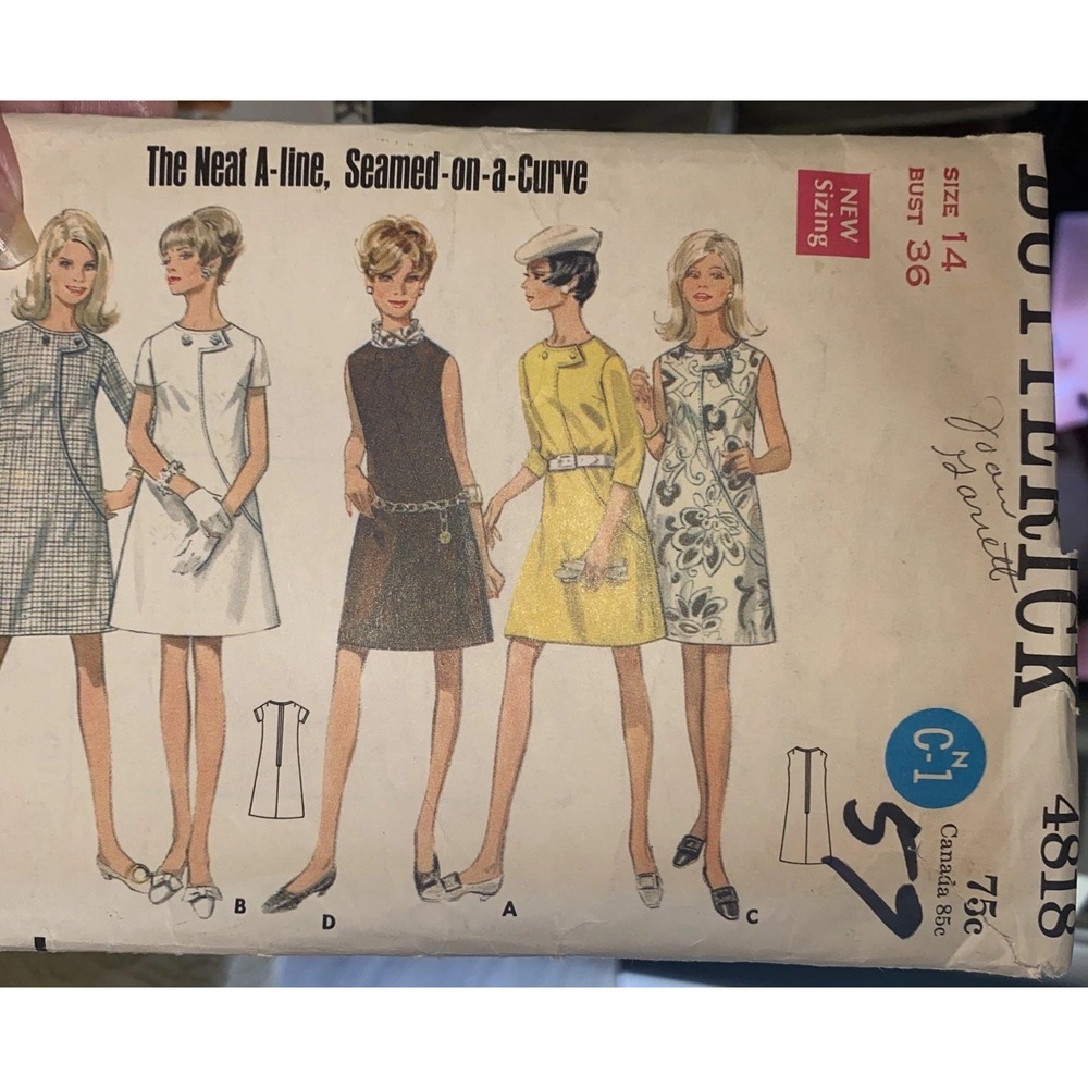 Butterick 1968 Sewing 60's Pattern #4818 A-line Dress Size 14 Bust 36 Cut & Comp